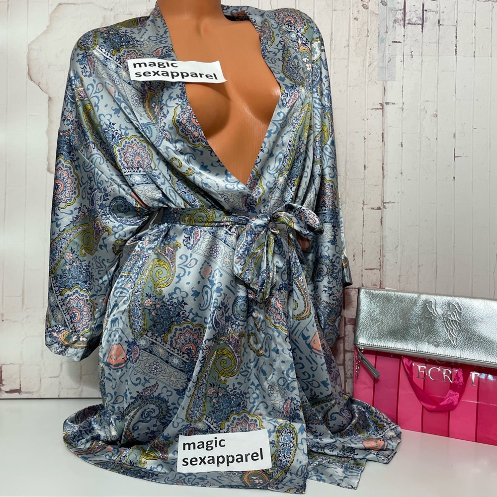 VS XS/S M/L SATIN ROBE KIMONO LINGERIE PLUNGE BOW PAISLEY
